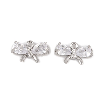Brass Micro Pave Clear Cubic Zirconia Charms, Long-Lasting Plated, Bowknot, Platinum, 8x13.5x3mm, Hole: 1mm
