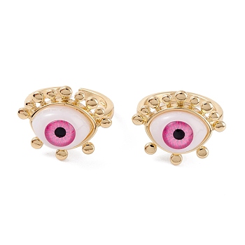 Brass Cuff Rings, Open Rings, with Resin Beads, Long-Lasting Plated, Real 18K Gold Plated, Evil Eye, Pink, 2.5mm, Inner Diameter: 17.5mm