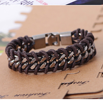 Imitation Leather Cord Bracelets, with Alloy Findings, Platinum, Coconut Brown, 210x20mm(8-1/4 inchx3/4 inch)
