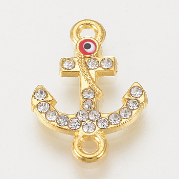 Alloy Rhinestone Links connectors, Cadmium Free & Lead Free, Anchor with Evil Eye, Red, Golden, 21x14.5x2mm, Hole: 1mm