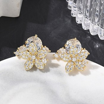 Brass Micro Pave Clear Cubic Zirconia Stud Earrings, Flower, Long-Lasting Plated, Rack Plating, Lead Free & Cadmium Free, Real 18K Gold Plated, 17x18mm
