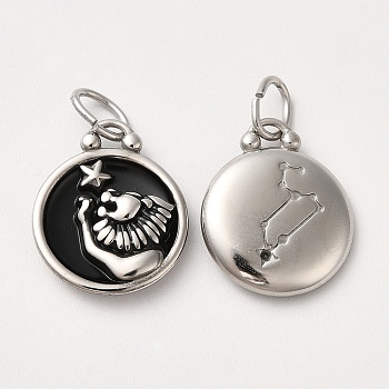304 Stainless Steel Enamel Pendants, with Jump Ring, Flat Round with Constellation, Stainless Steel Color, Leo, 20.5x17x2.5~3.5mm, Hole: 4x6mm