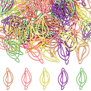100Pcs 5 Colors Iron Paper Clip, Leaf, Mixed Color, 38x17.5x2mm, 20pcs/color