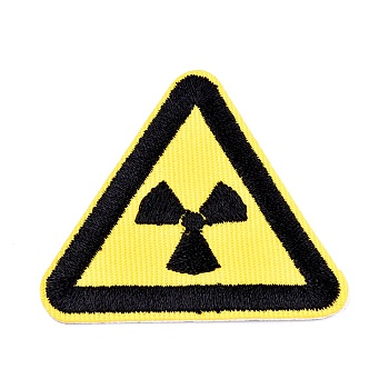 Computerized Embroidery Cloth Iron on/Sew on Patches, Costume Accessories, Triangle with Warning Sign, Caution Ionizing Radiation, Yellow, 50.5x45.5x1.3mm