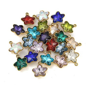 Ion Plating(IP) 304 Stainless Steel Charms, with Glass, Real 18K Gold Plated, Star, Mixed Color, 15x13x5.5mm, Hole: 2mm