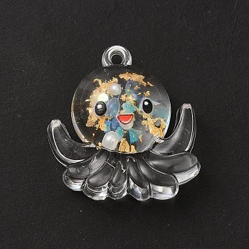 Luminous Transparent Resin Pendants, Octopus Charms, with Gold Foil, Dark Turquoise, 27x25x10mm, Hole: 1.8mm