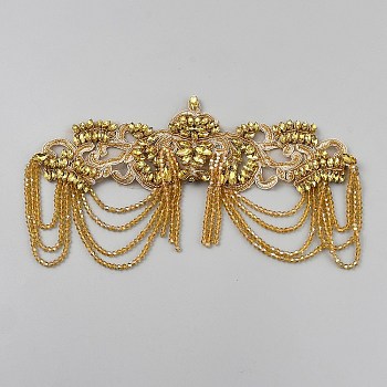 Organza Ornament Accessories, Lace Applique Patch, Sewing Craft Decoration, with Plastic Beads, Flower, Gold, 130x275x5.5mm