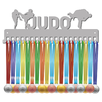 Fashion Iron Medal Hanger Holder Display Wall Rack, 20 Hooks, with Screws, Word Judo, Sports Themed Pattern, 141x400mm, Hole: 5mm