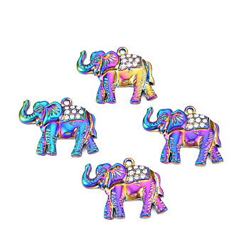 Rainbow Color Alloy Pendants, with Rhinestone, Cadmium Free & Lead Free, Elephant, 32x43x4mm, Hole: 2.5mm