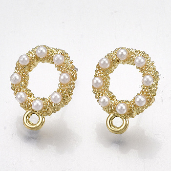 Alloy Stud Earring Findings, with Loop, Steel Pins and ABS Plastic Imitation Pearl, Ring, Light Gold, 16x13mm, Hole: 1.8mm, Pin: 0.7mm