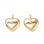 Mother's Day Brass Enamel Pendants, Heart with Word Mom Charms, Cadmium Free & Lead Free, Rack Plating, Long-Lasting Plated, Real 18K Gold Plated, Red, 14x12x4.5mm, Hole: 2.5mm(KK-CBA9234-06G-01)