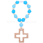 Wood & Silicone Rose Beads Hanging Ornametns, with Wood Cross Pendants, Blue, 245mm(HJEW-BM00072)