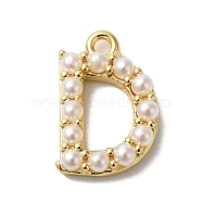 Plastic Imitation Pearl Pendants, with Brass Findings, Golden, Letter D, 7~14x13.5~15x3mm, Hole: 1.3~1.4mm(KK-P230-17G-D)