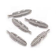 Tibetan Style Alloy Feather Big Pendants, Lead Free & Cadmium Free, Antique Silver, 61x15x3mm, Hole: 2mm(TIBEP-A12720-AS-RS)