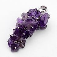 Natural Chip Amethyst Pendant Decorations, with Brass Lobster Claw Clasps, Platinum, Purple, 53mm(HJEW-JM00214-04)