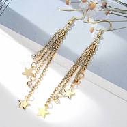 Tassel Dangle Earrings, with 304 Stainless Steel Star Charms & Cable Chains, Brass Rhinestone Charms & Real 18K Gold Plated Earring Hooks, 84mm, Pin: 0.7mm(X-EJEW-JE04024)