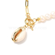 Electroplate Cowrie Shell Pendant Necklace for Girl Women, Golden Brass Paperclip Chain Necklace, Natural Pearl Beads Necklace, White, 18.78 inch(47.7cm)(NJEW-JN03679)