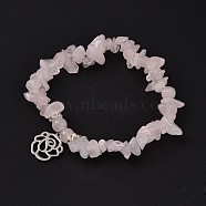 Natural Rose Quartz Beaded Stretch Bracelets, with 304 Stainless Steel Rose Charms, 2-1/8 inch(5.3cm)(X-BJEW-JB01996-01)