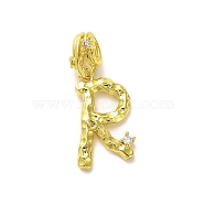 Rack Plating Brass Micro Pave Cubic Zirconia European Dangle Charms, Large Hole Letter Pendant, Real 18K Gold Plated, Long-Lasting Plated, Cadmium Free & Lead Free, Letter R, 25.5mm, Charm: 18x11x2mm, Hole: 4x2.5mm(KK-L210-015G-R)