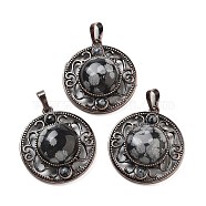 Natural Snowflake Obsidian Pendants, Brass Hollow Flat Round Charms, Cadmium Free & Lead Free, Red Copper, 33.5x30.5x9.5mm, Hole: 8x5mm(G-Q158-03A-R07)