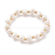 Stretch Beaded Bracelets, with 304 Stainless Steel Round Beads and Shell Pearl Beads, Seashell Color, Golden, Inner Diameter: 1-7/8 inch(4.7cm)(BJEW-O181-01G)