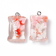 Transparent Resin Pendants, with Platinum Plated Iron Loops, Candy Charm with Word Sweet, Red, Heart Pattern, 27x16x6.5mm, Hole: 2mm(RESI-I045-01B)