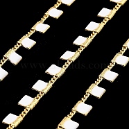 Brass Rectangle Link Chains, with Enamel, Soldered, with Spool, Real 18K Gold Plated, Long-Lasting Plated, White, 4x1.5x0.7mm, 10m/roll(CHC-C007-03G-03)