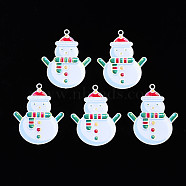 Spray Painted Brass Pendants, with Printed, Christmas Snowman, White, 35x27.5x0.4mm, Hole: 1.8mm(KK-Q281-014)