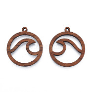 Natural Walnut Wood Pendants, Undyed, Hollow Ring Charm with Spindrift, Camel, 28x25x2.5mm, Hole: 1.6mm(WOOD-N011-017)