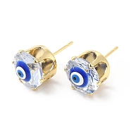 Flat Round Glass with Enamel Evil Eye Stud Earrings, Real 18K Gold Plated Brass Jewelry for Women, Blue, 11mm, Pin: 0.8mm(EJEW-P210-04G-05)