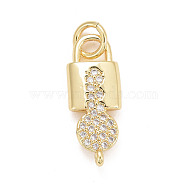 Eco-Friendly Brass Micro Pave Cubic Zirconia Pendants, with Jump Ring, Long-Lasting Plated, Lead Free & Cadmium Free, Lock and Key, Real 24K Gold Plated, 17.5x7x2.5mm, Jump Ring: 5x1mm, 3mm inner diameter(KK-M225-10G)