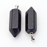 Brass Synthetic Blue Goldstone Pendants, Bullet, Platinum, Pointed Pendant, 33~36x12mm, Hole: 5x7mm(G-O160-03D)