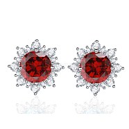 Brass Micro Pave Cubic Zirconia Stud Earrings, Flower, Red, Platinum, 14.5x12.5x7.8mm, Pin: 0.5mm(EJEW-BB66600-A)