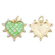 Brass Micro Pave Clear Cubic Zirconia Pendants, with Jump Rings and Shell, Enamel, Real 18K Gold Plated, Nickel Free, Heart, Light Green, 15.5x15.5x3mm, Jump Ring: 5x1mm, 3mm inner diameter(KK-N227-99E)