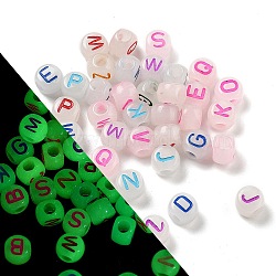 Luminous Transparent Acrylic Beads, Large Hole Beads, Flat Round with Letter, Glow in the Dark, Mixed Color, 6x7x5mm, Hole: 3mm, about 3700pcs(LACR-282-01A)