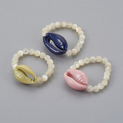 Cowrie Shell Stretch Rings, with Sea Shell Beads, Mixed Color, 20mm(RJEW-JR00241-M)
