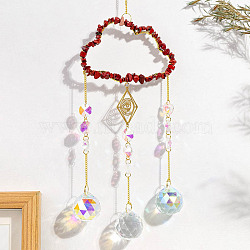 Natural Red Jasper Copper Wire Wrapped Cloud Hanging Ornaments, Teardrop Glass Tassel Suncatchers for Home Outdoor Decoration, 420mm(PW-WG49920-03)