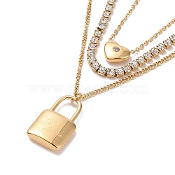Crystal Rhinestone Heart & Word Love You Padlock Charms Triple Layer Necklace, Ion Plating(IP) 304 Stainless Steel Curb & Cup Chains Necklace for Women, Golden, 14.96 inch(38cm)(NJEW-C036-07G)