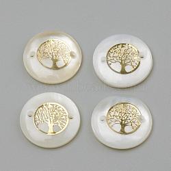 Freshwater Shell Links connectors, Flat Round & Tree, Golden, 16x4mm, Hole: 1.1~1.5mm(SHEL-Q009-003G)