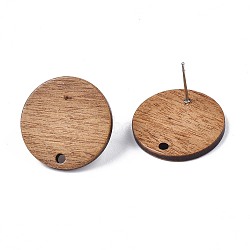 Walnut Wood Stud Earring Findings, with 304 Stainless Steel Pin, Flat Round, Coconut Brown, 20mm, Hole: 2mm, Pin: 0.7mm(MAK-N033-008B)