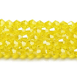 Transparent Electroplate Glass Beads Strands, Pearl Luster Plated, Faceted, Bicone, Yellow, 4x4mm, Hole: 0.8mm, about 82~85pcs/strand, 30.5~31cm(GLAA-F029-4mm-C21)