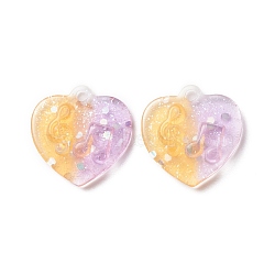 Two Tone Transparent Resin Pendants, with Glitter Powder, Heart Charm with Music Note Pattern, Gold, Lilac, 20x20x5mm, Hole: 2mm(RESI-C019-01E)