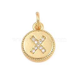 Brass Micro Pave Clear Cubic Zirconia Charms, Flat Round with Letter Charms, Long-Lasting Plated, Lead Free & Cadmium Free, Rack Plating, Real 18K Gold Plated, Letter X, 12.5x10x1.5mm, Hole: 3mm(CU-CBA56CE-12G-X)