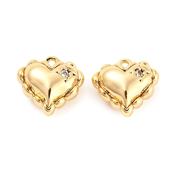 Rack Plating Brass Cubic Zirconia Pendants, Heart, Real 18K Gold Plated, 9x10x5mm, Hole: 1mm