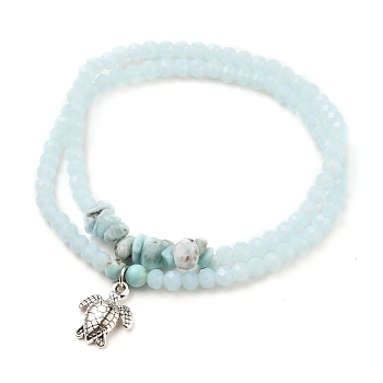 Stretch Bracelets Sets, Stackable Bracelets, with Sea Turtle Alloy Pendants, Rondelle Glass Beads, Natural Larimar & Turquoise Beads, Antique Silver, Light Cyan, Inner Diameter: 2-1/8 inch(5.5cm), 2pcs/set