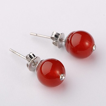 Gemstone Round Bead Ball Stud Earrings, with Glass Rhinestone and Platinum Plated Brass Post Earrings Components, Red Agate, 8mm, Pin: 0.6mm