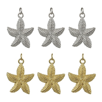 2Pcs 2 Colors Brass Pendants, with Jump Ring, Starfish Charms, Mixed Color, 24.5x19.5x3mm, Hole: 3.5mm, 1pc/color