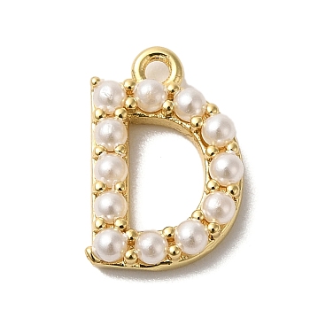 Plastic Imitation Pearl Pendants, with Brass Findings, Golden, Letter D, 7~14x13.5~15x3mm, Hole: 1.3~1.4mm