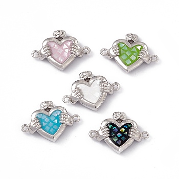 Natural Shell Connector Charms, Heart Links with Hands, Dyed, with Rack Plating Platinum Tone Brass Findings, Long-Lasting Plated, Mixed Color, 16x21.5x4.5mm, Hole: 1.4mm