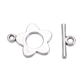 Flower Tibetan Style Alloy Toggle Clasps, Lead Free and Cadmium Free, Antique Silver, Flower: 16x20mm, Bar: 16mm long, Hole: 2.5mm